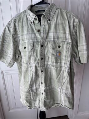 Carhartt Men’s Short Sleeve Button-Down Shirt in Pale Green Plaid